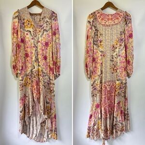 Free People Marais Pink Cream floral Boho Printed high-low Midi max Dress small